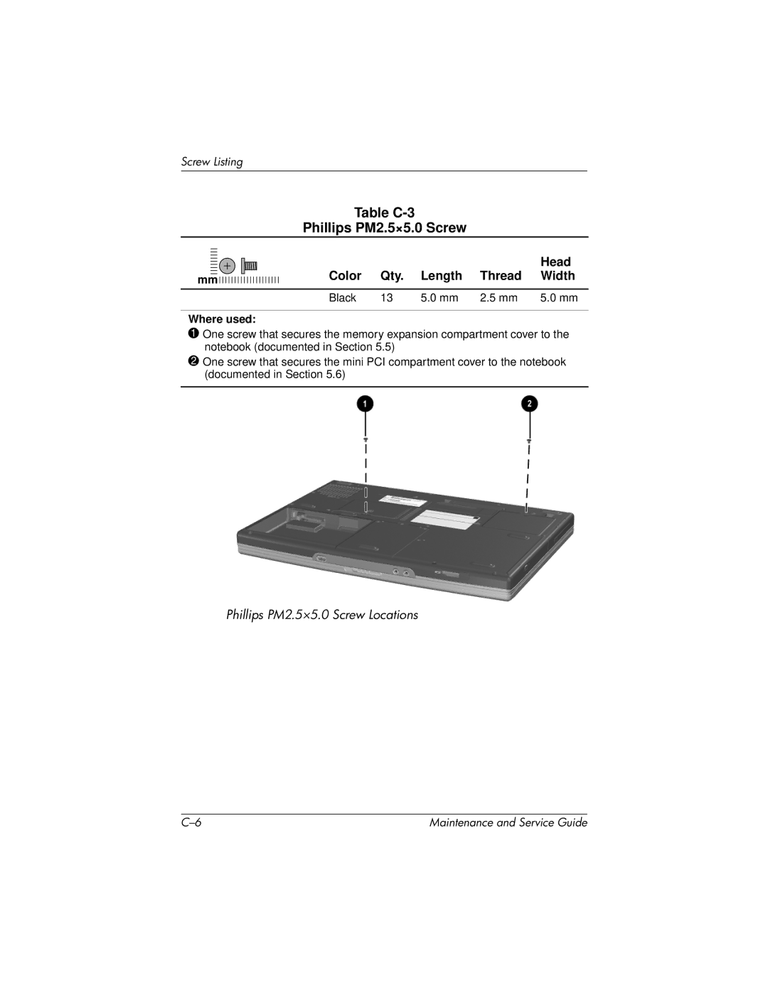 HP X1000, nx7000 manual Table C-3 Phillips PM2.5×5.0 Screw, Black Where used 