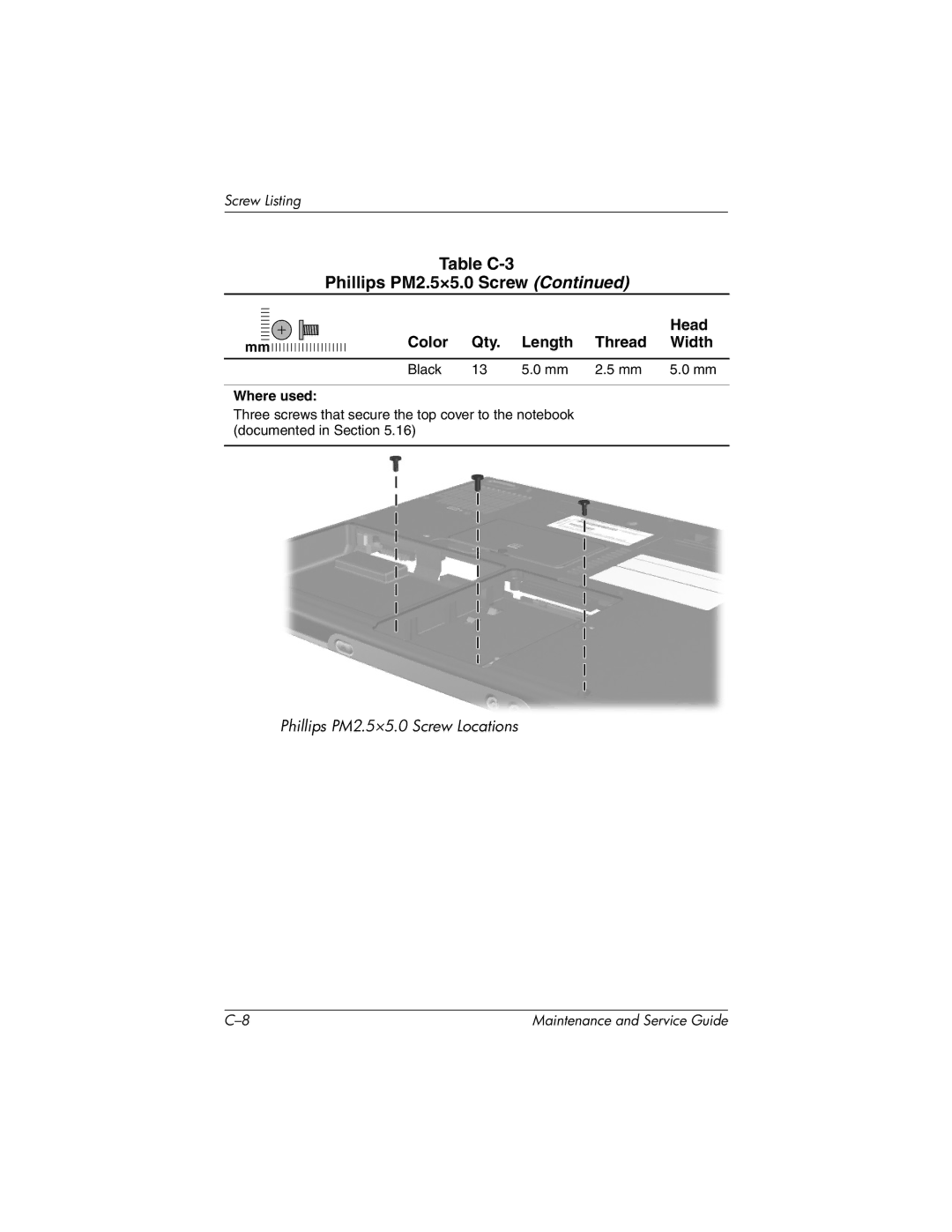 HP X1000, nx7000 manual Table C-3 Phillips PM2.5×5.0 Screw 