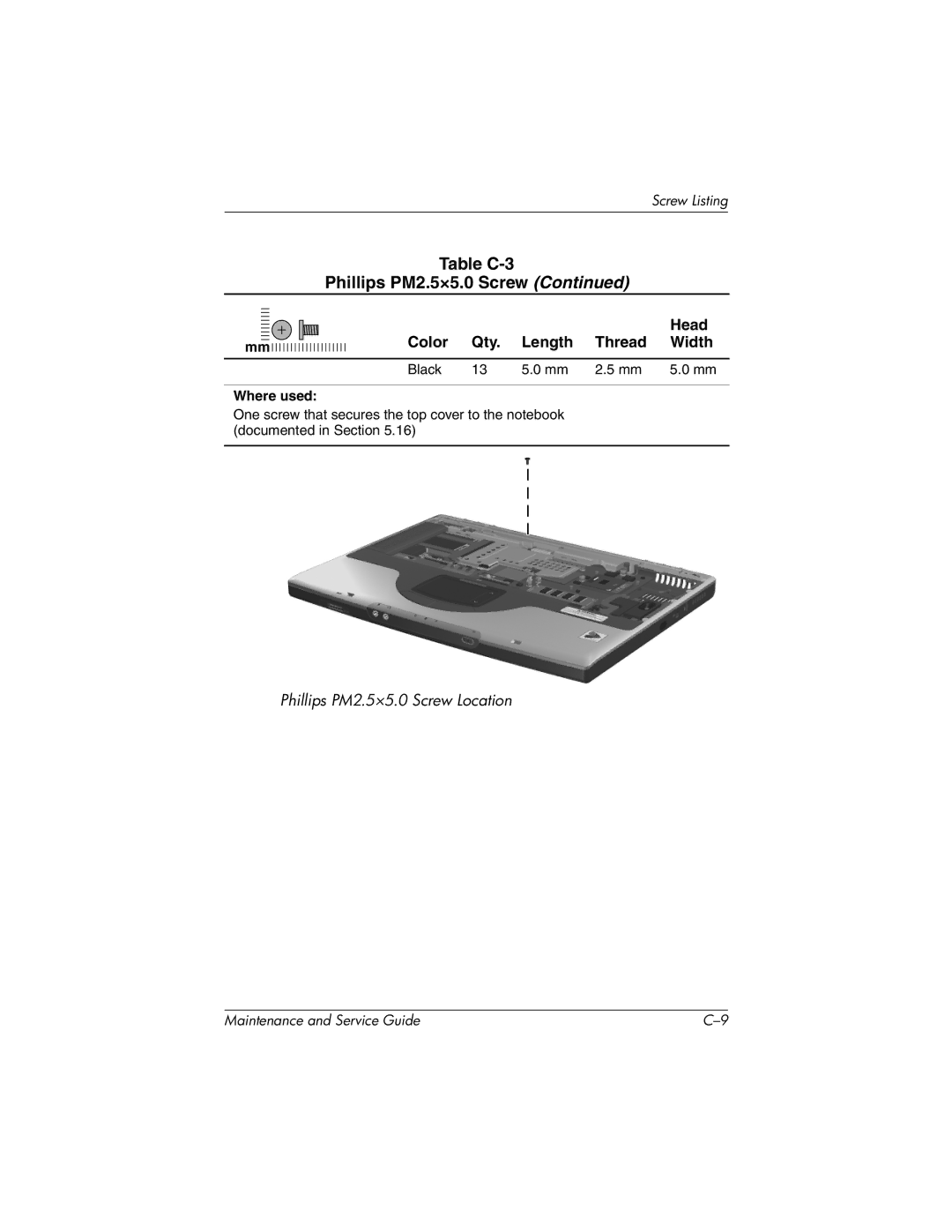 HP nx7000, X1000 manual Phillips PM2.5×5.0 Screw Location 