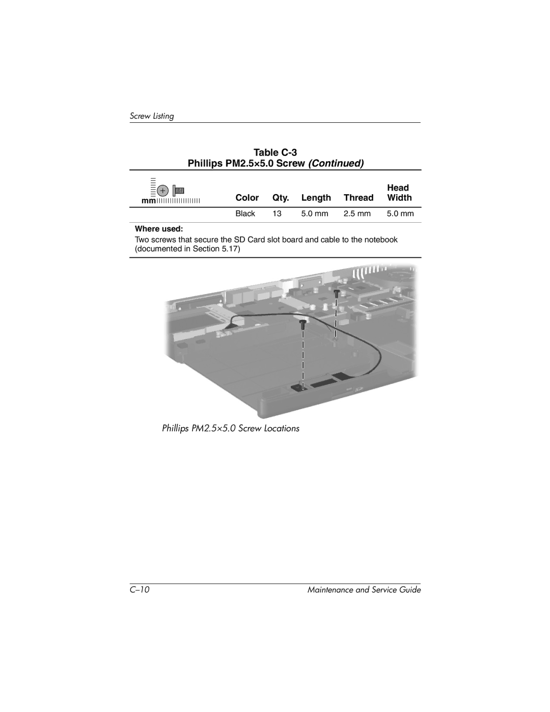 HP X1000, nx7000 manual Table C-3 Phillips PM2.5×5.0 Screw 