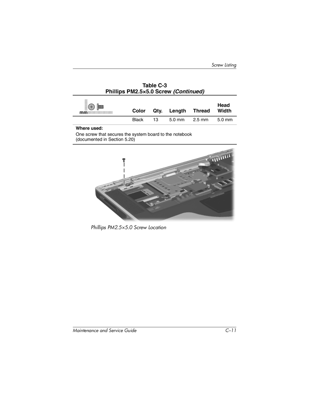 HP nx7000, X1000 manual Table C-3 Phillips PM2.5×5.0 Screw 