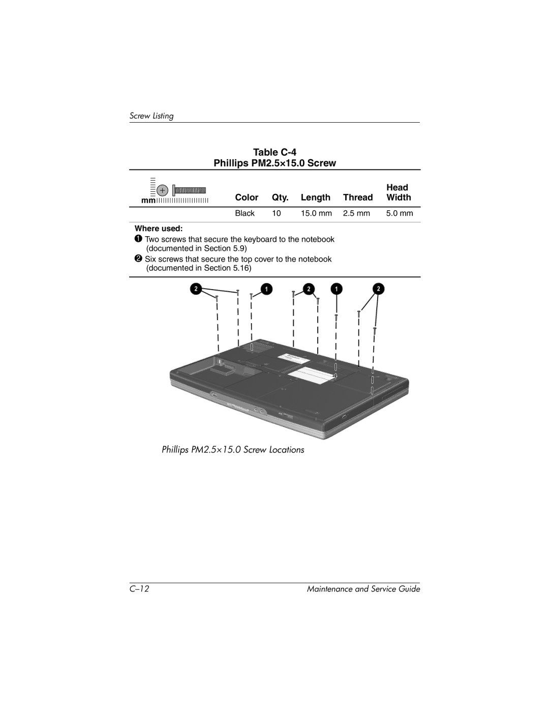 HP X1000, nx7000 manual Table C-4 Phillips PM2.5×15.0 Screw, Black 15.0 mm Where used 