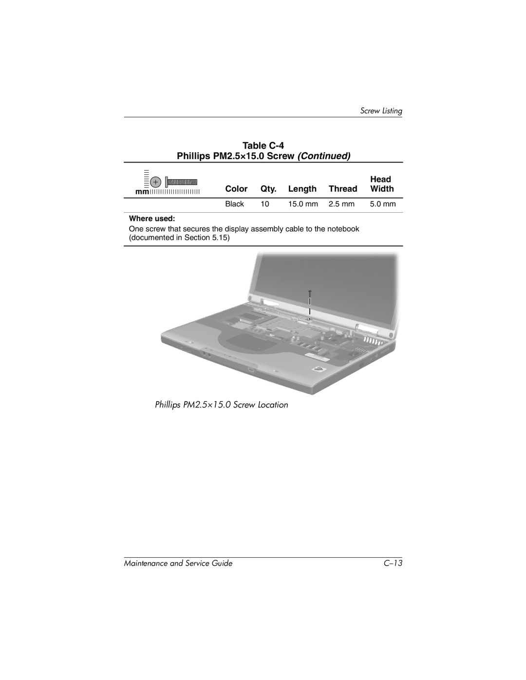 HP nx7000, X1000 manual Table C-4 Phillips PM2.5×15.0 Screw 