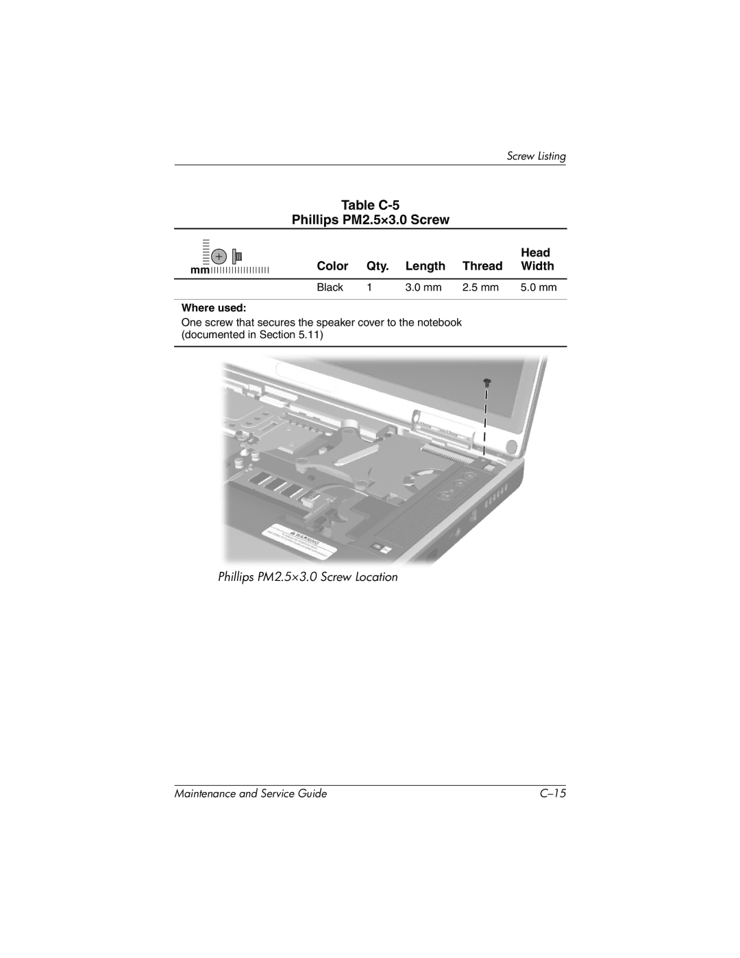 HP nx7000, X1000 manual Table C-5 Phillips PM2.5×3.0 Screw 