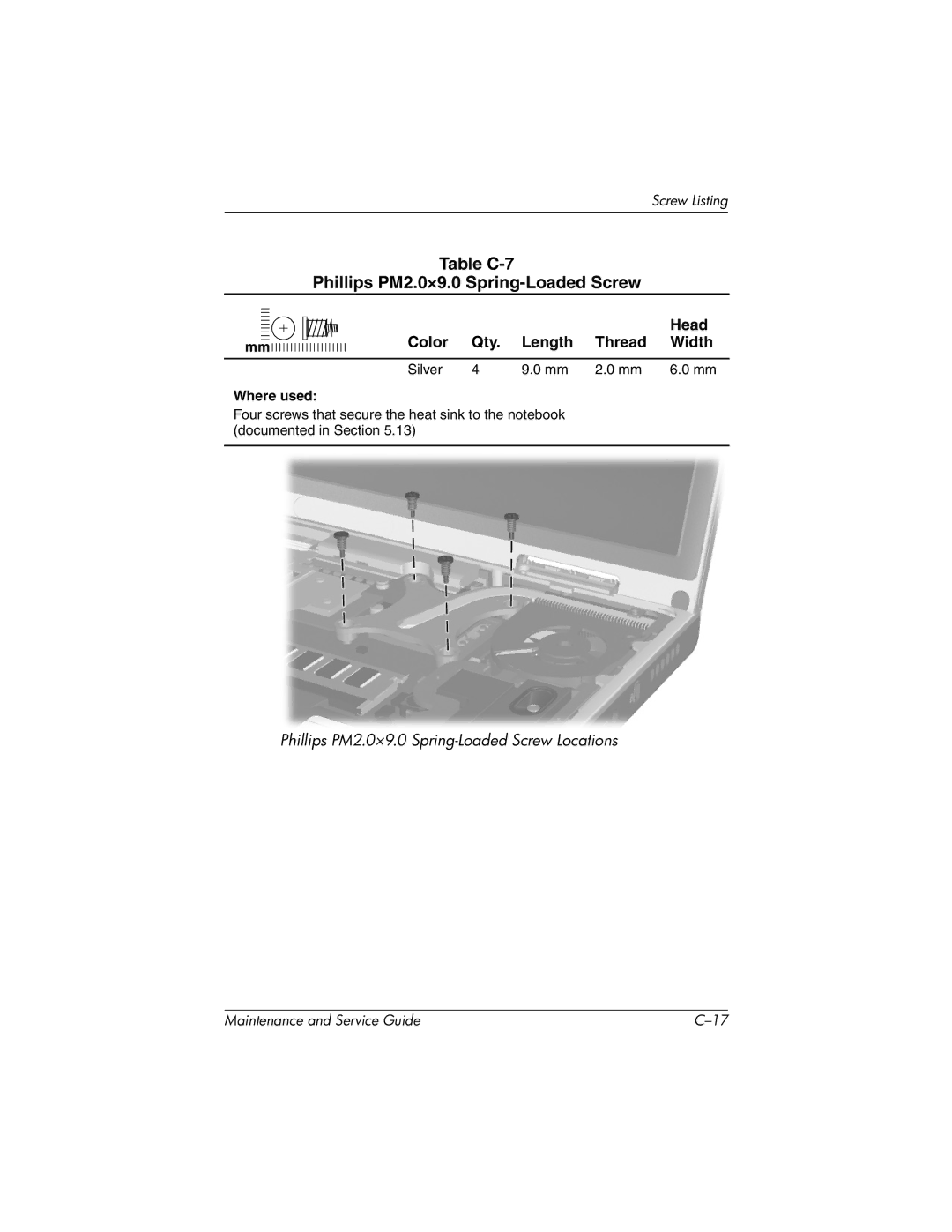 HP nx7000, X1000 manual Table C-7 Phillips PM2.0×9.0 Spring-Loaded Screw 