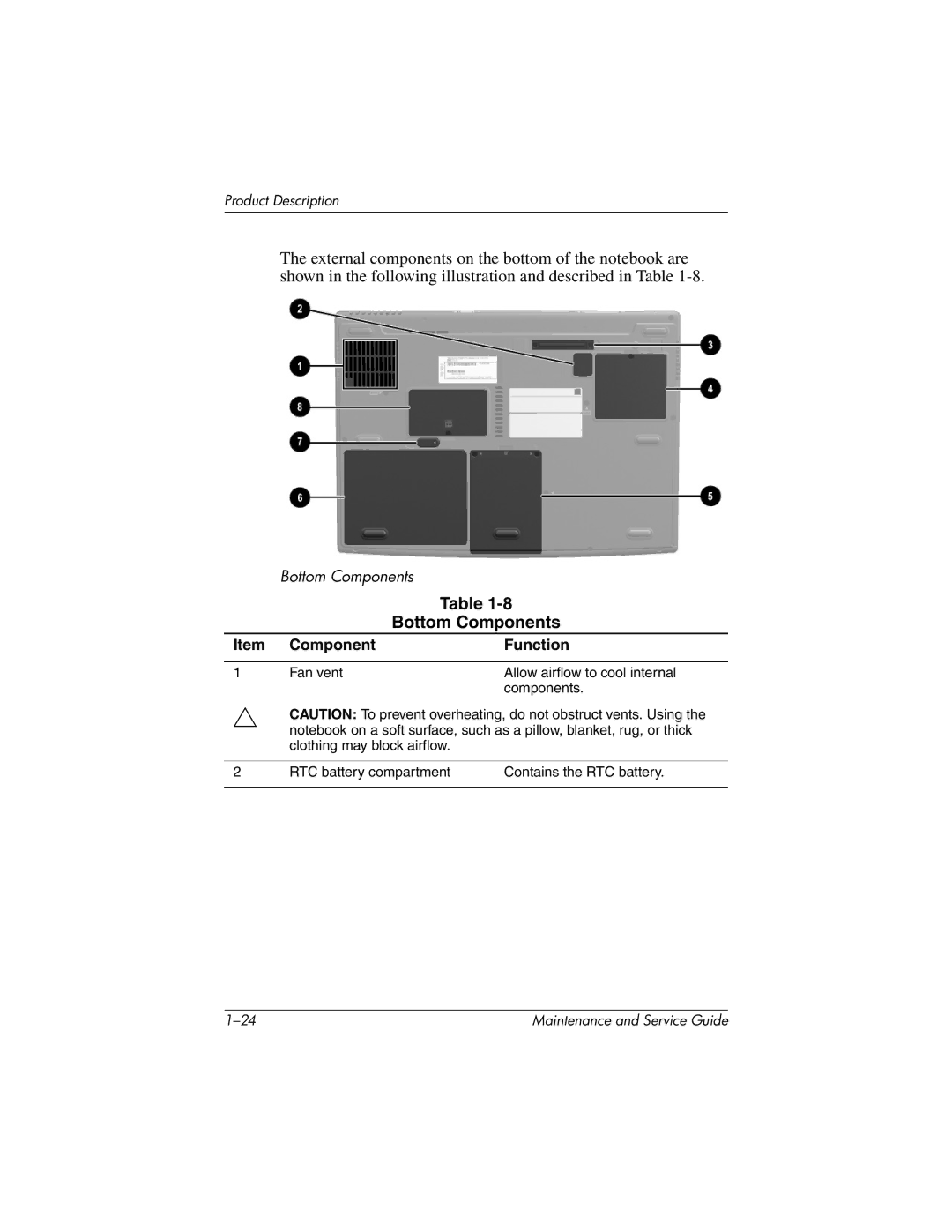 HP X1000, nx7000 manual Bottom Components, Fan vent Allow airflow to cool internal Components 