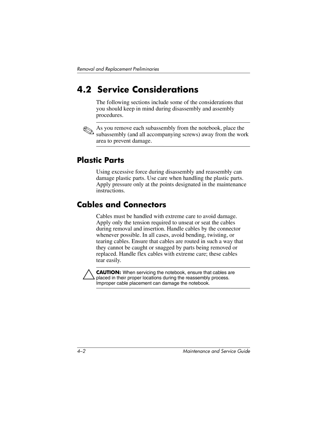 HP nx7000, X1000 manual Service Considerations, Plastic Parts 