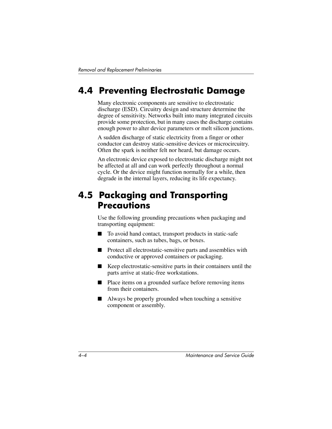 HP nx7000, X1000 manual Preventing Electrostatic Damage, Packaging and Transporting Precautions 