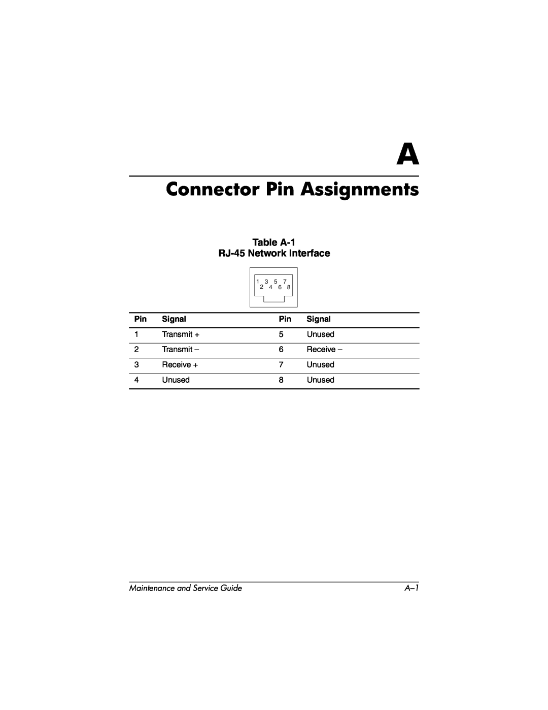 HP nx7000, X1000 manual Connector Pin Assignments, Table A-1, RJ-45 Network Interface, Signal, Maintenance and Service Guide 
