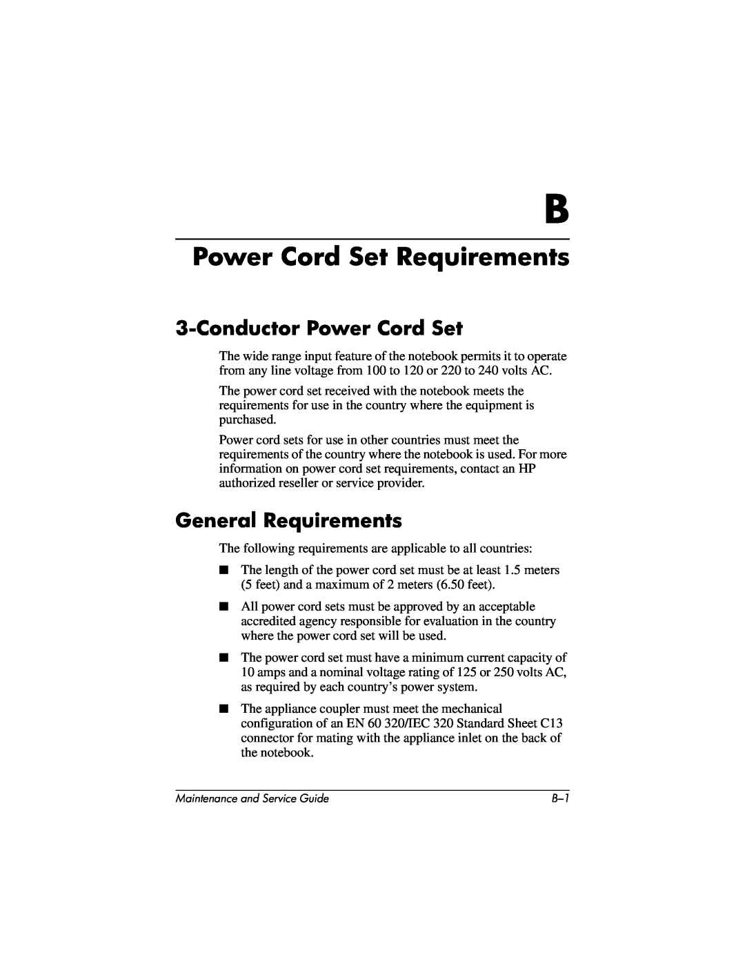 HP X1000, nx7000 manual Power Cord Set Requirements, Conductor Power Cord Set, General Requirements 