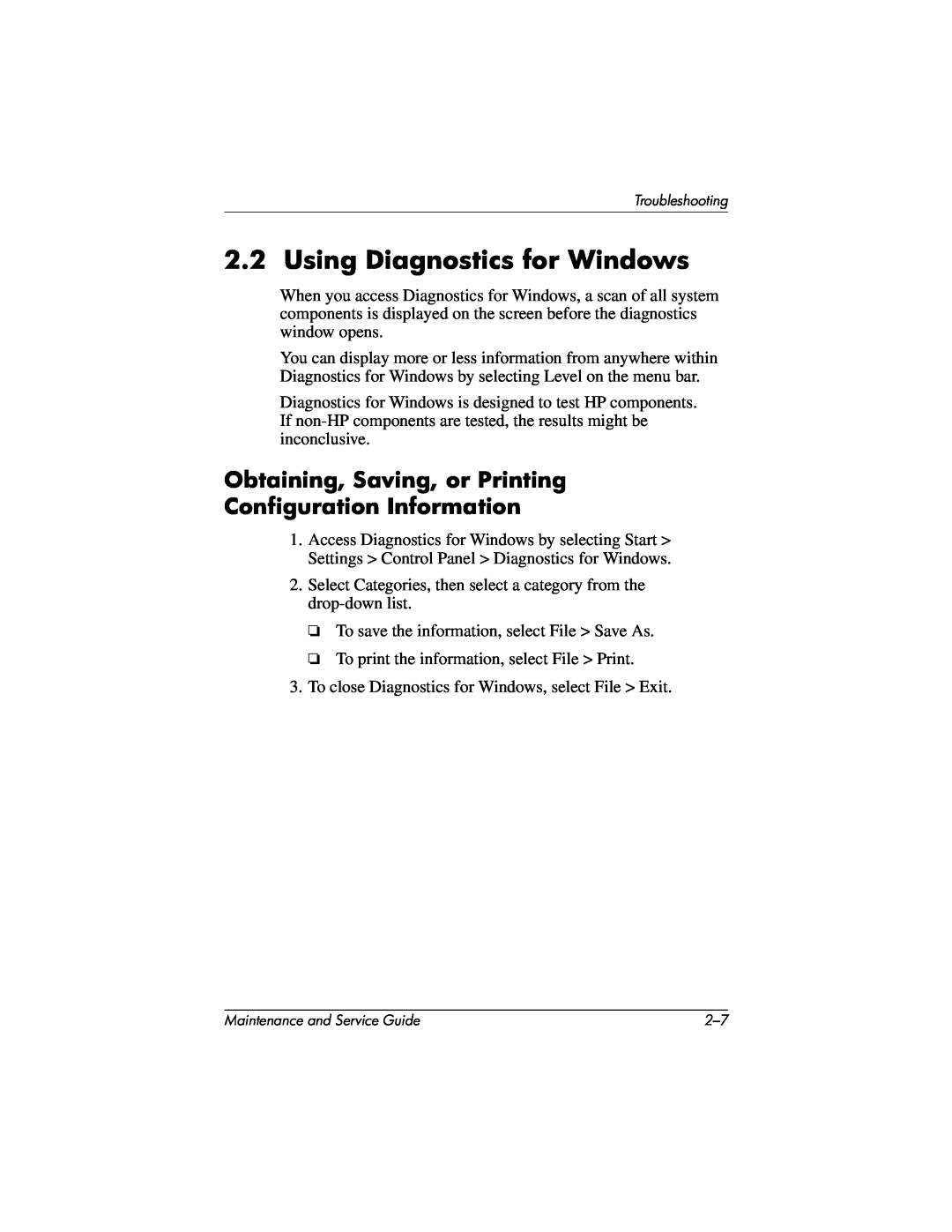 HP nx7000, X1000 manual Using Diagnostics for Windows, Obtaining, Saving, or Printing Configuration Information 