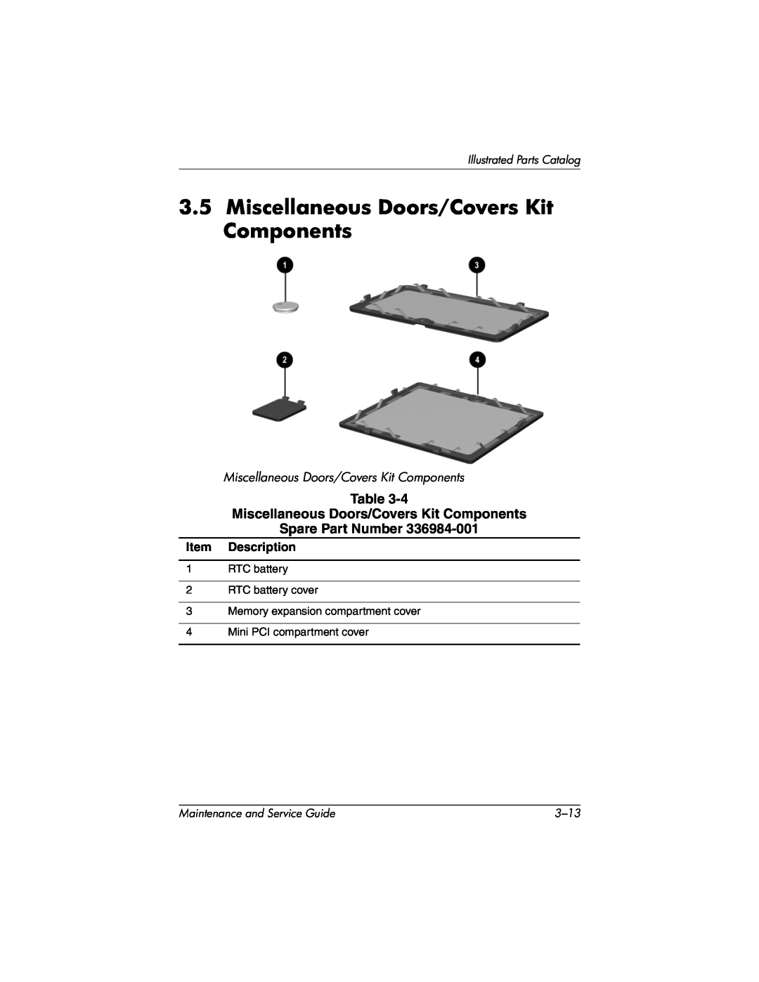 HP nx7000, X1000 manual Miscellaneous Doors/Covers Kit Components, Item Description, Illustrated Parts Catalog, 3-13 