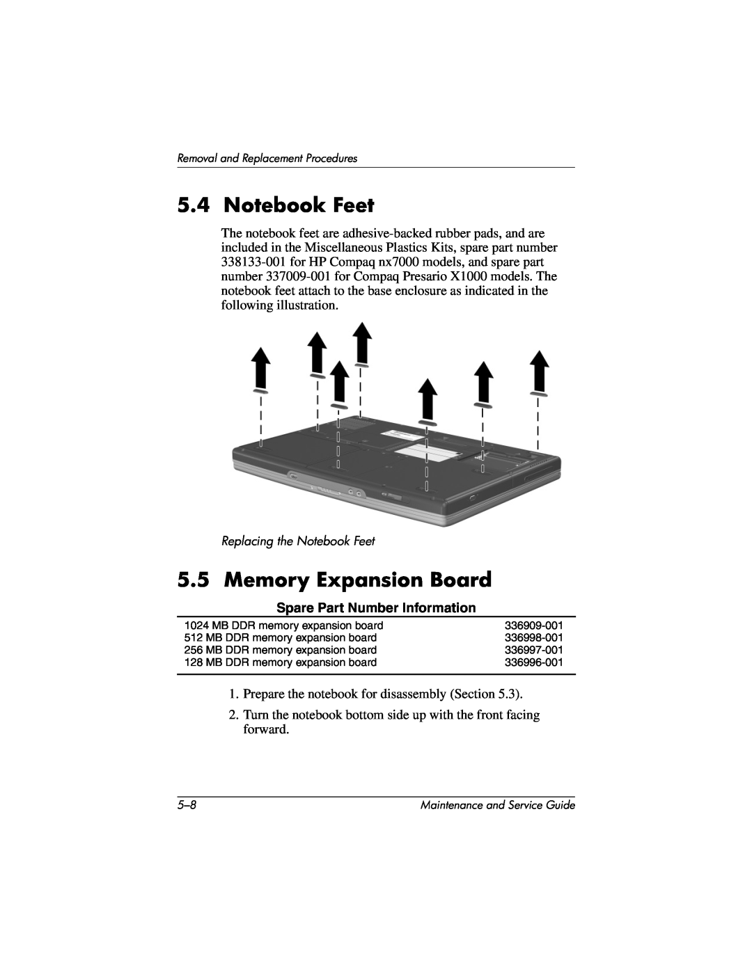 HP X1000, nx7000 manual Notebook Feet, Memory Expansion Board 