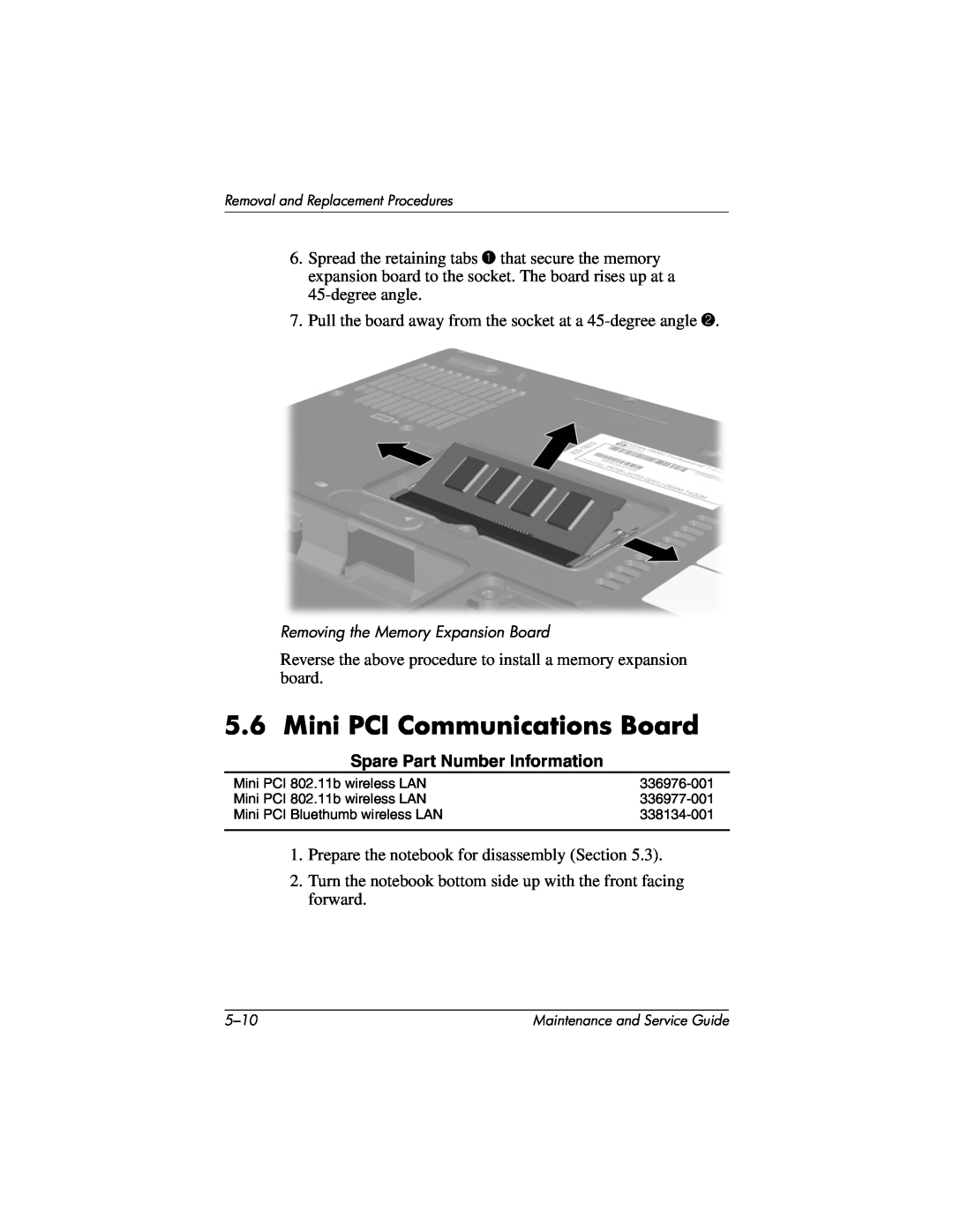 HP X1000, nx7000 manual Mini PCI Communications Board, Removing the Memory Expansion Board 