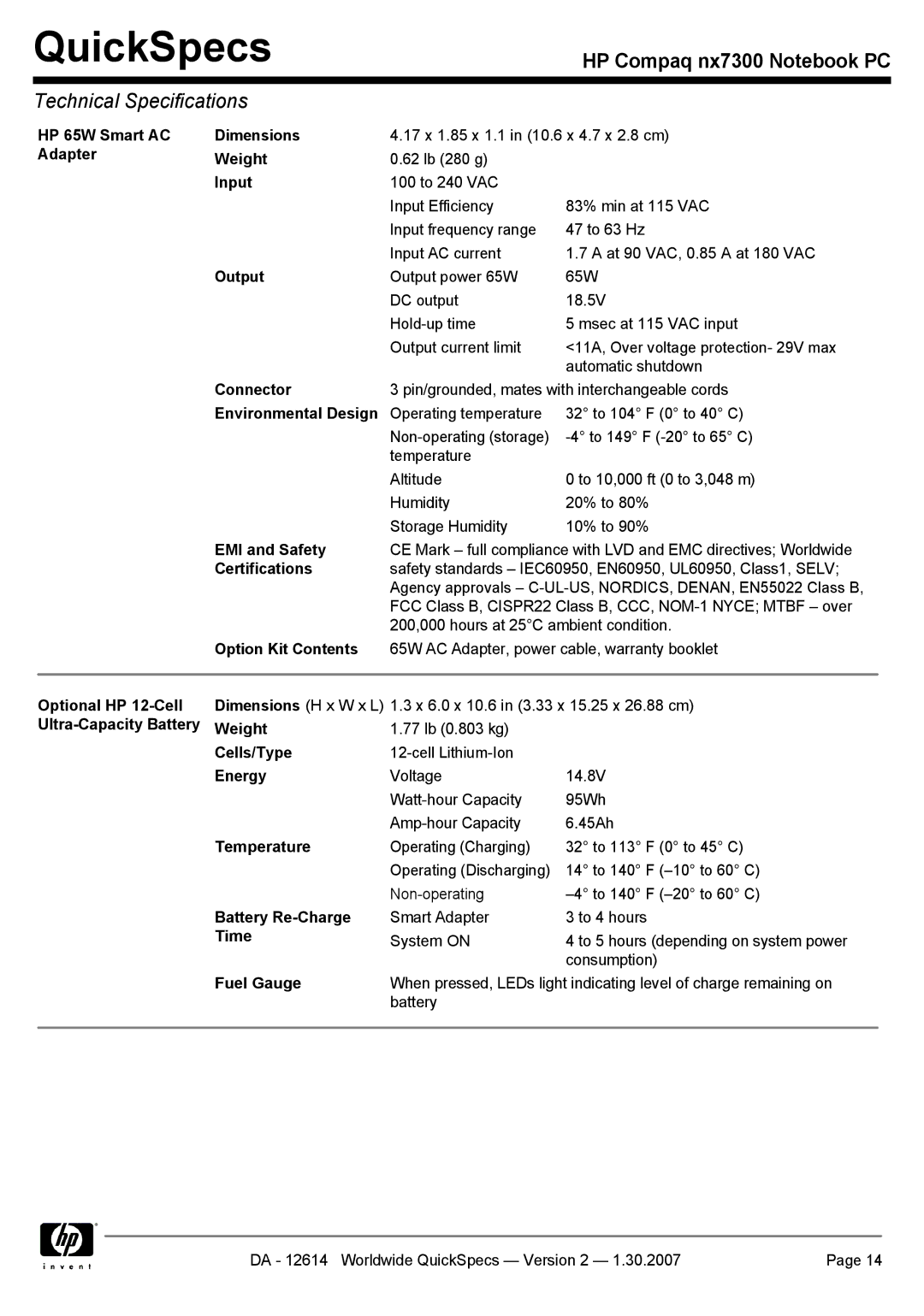 HP nx7300 HP 65W Smart AC Dimensions, Adapter Weight, Input, Output, Connector, Environmental Design, EMI and Safety, Time 