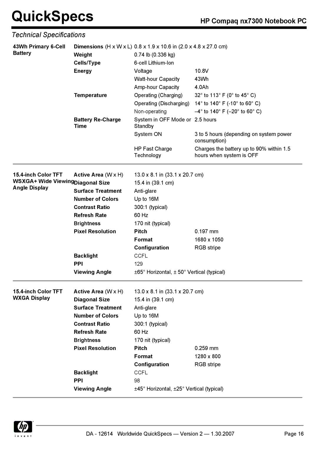 HP nx7300 manual 43Wh Primary 6-Cell Battery, Viewing Angle ±45 Horizontal, ±25 Vertical typical 