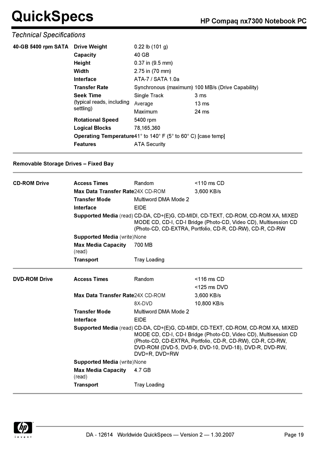 HP nx7300 manual 40-GB 5400 rpm Sata Drive Weight, Max Data Transfer Rate 24X CD-ROM, Transfer Mode, Transport 