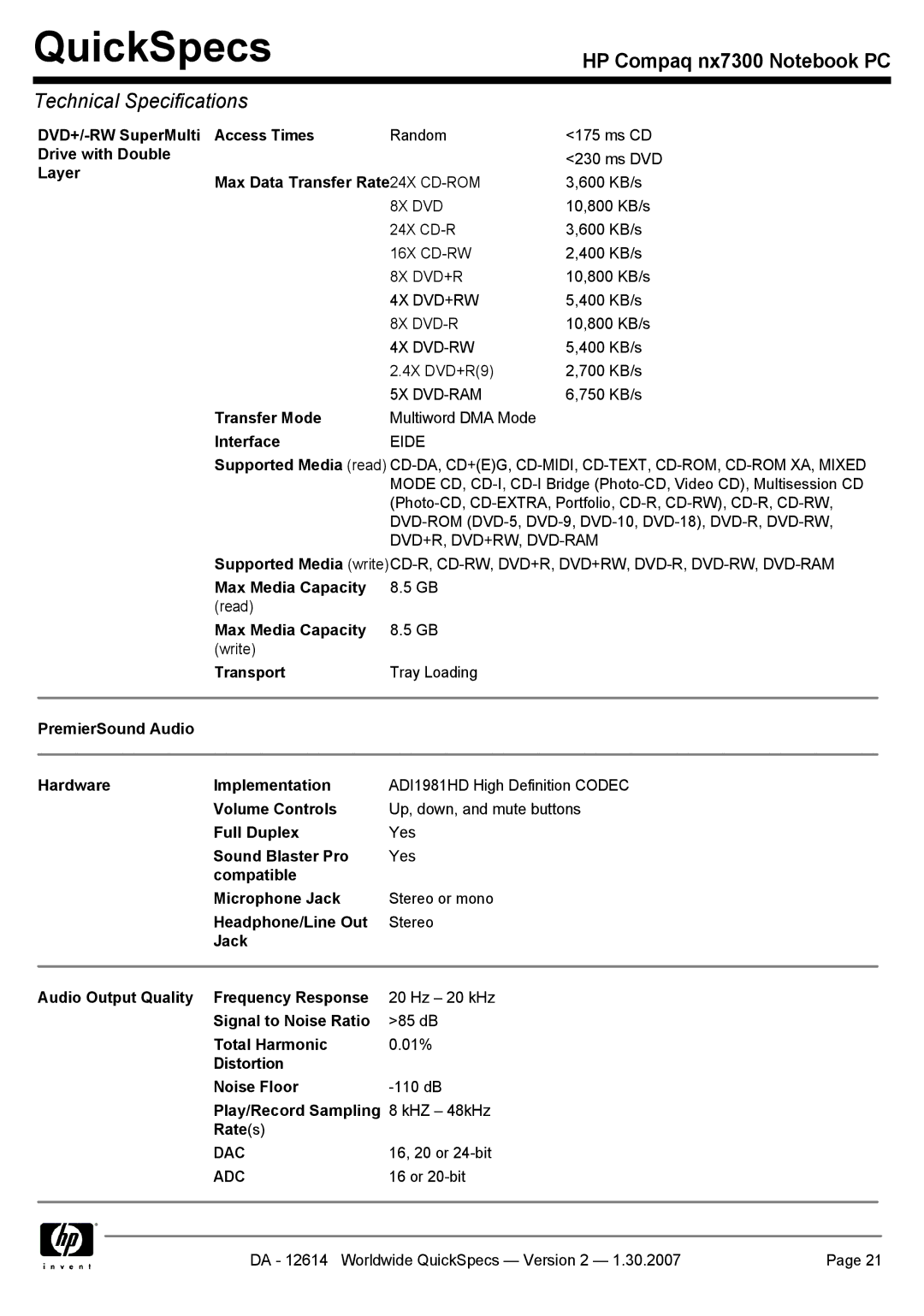 HP nx7300 manual DVD+/-RW SuperMulti Access Times, PremierSound Audio Hardware Implementation, Volume Controls, Full Duplex 