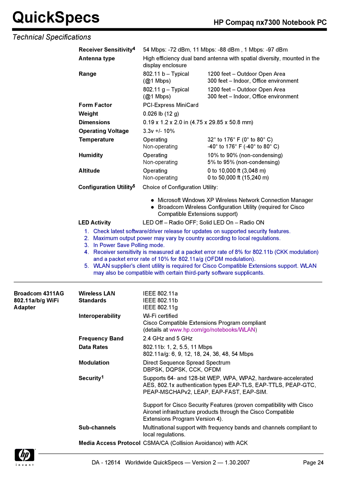 HP nx7300 Receiver Sensitivity, Antenna type, Range, Operating Voltage, Humidity, Configuration Utility, LED Activity 