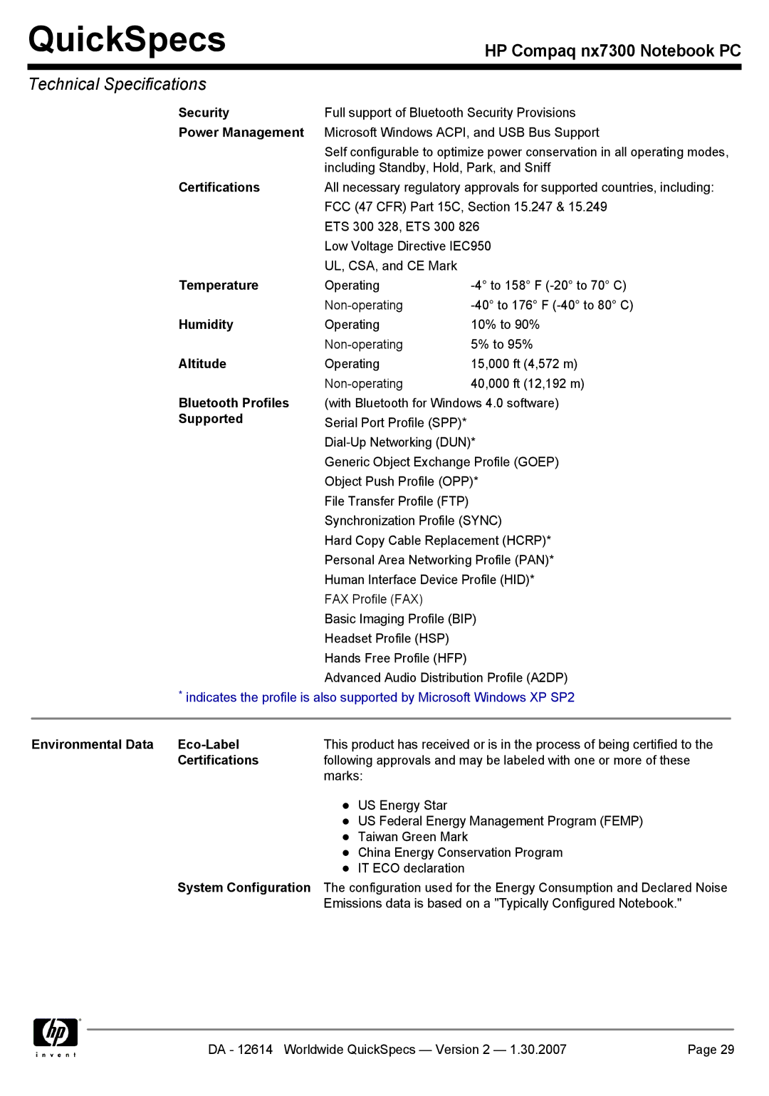 HP nx7300 manual Bluetooth Profiles, Environmental Data Eco-Label, System Configuration 