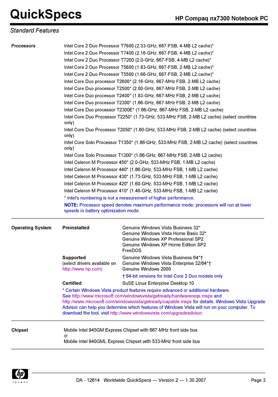 HP nx7300 manual Standard Features 