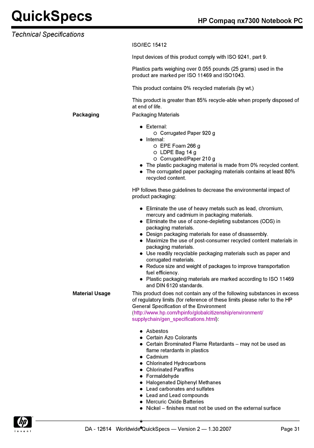 HP nx7300 manual Packaging, Material Usage 