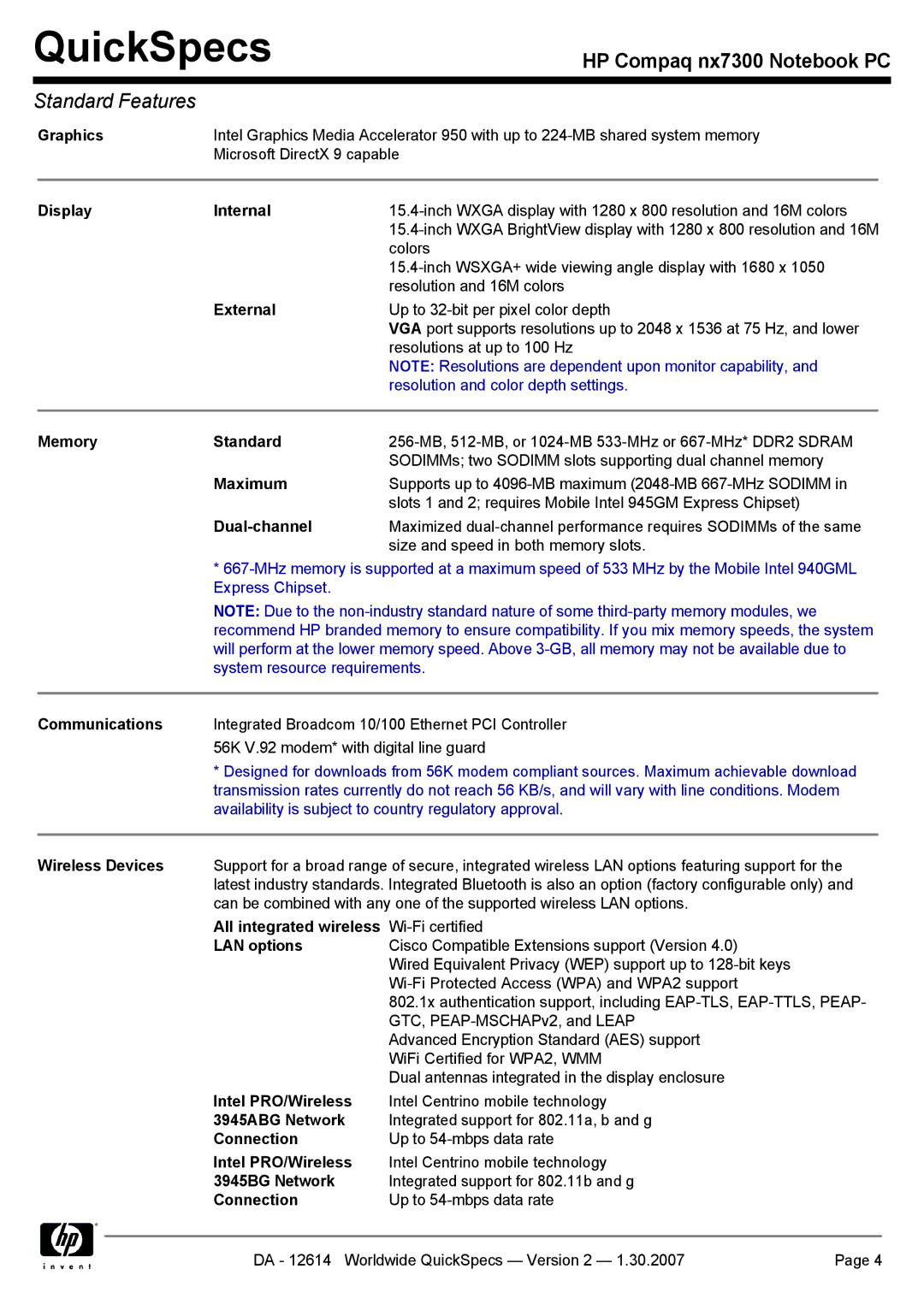 HP nx7300 manual Graphics, Display Internal, External, Memory Standard, Maximum, Dual-channel, Communications, LAN options 