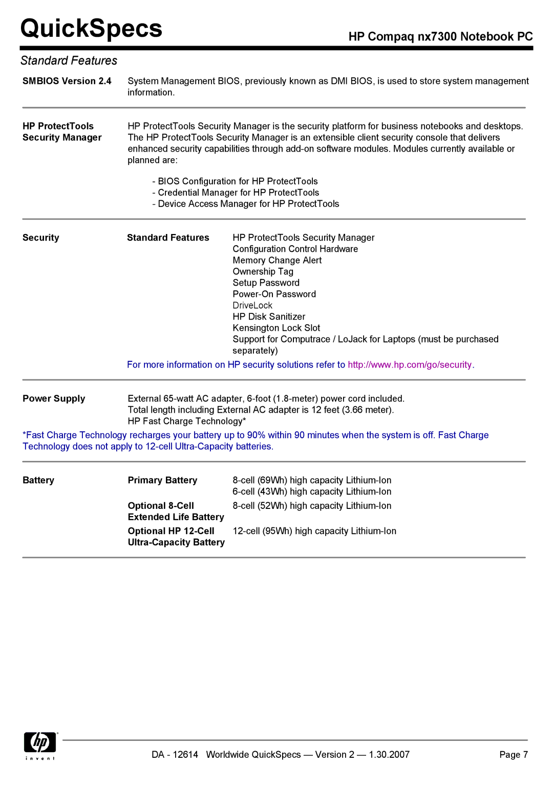 HP nx7300 Smbios Version, HP ProtectTools, Security Manager, Security Standard Features, Power Supply, Optional 8-Cell 