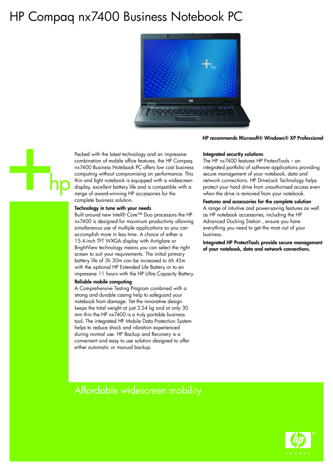 HP NX7400 manual HP Compaq nx7400 Business Notebook PC, Technology in tune with your needs, Reliable mobile computing 