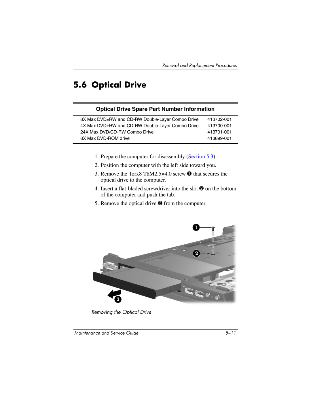 HP nw8440, nx8420 manual Optical Drive Spare Part Number Information 