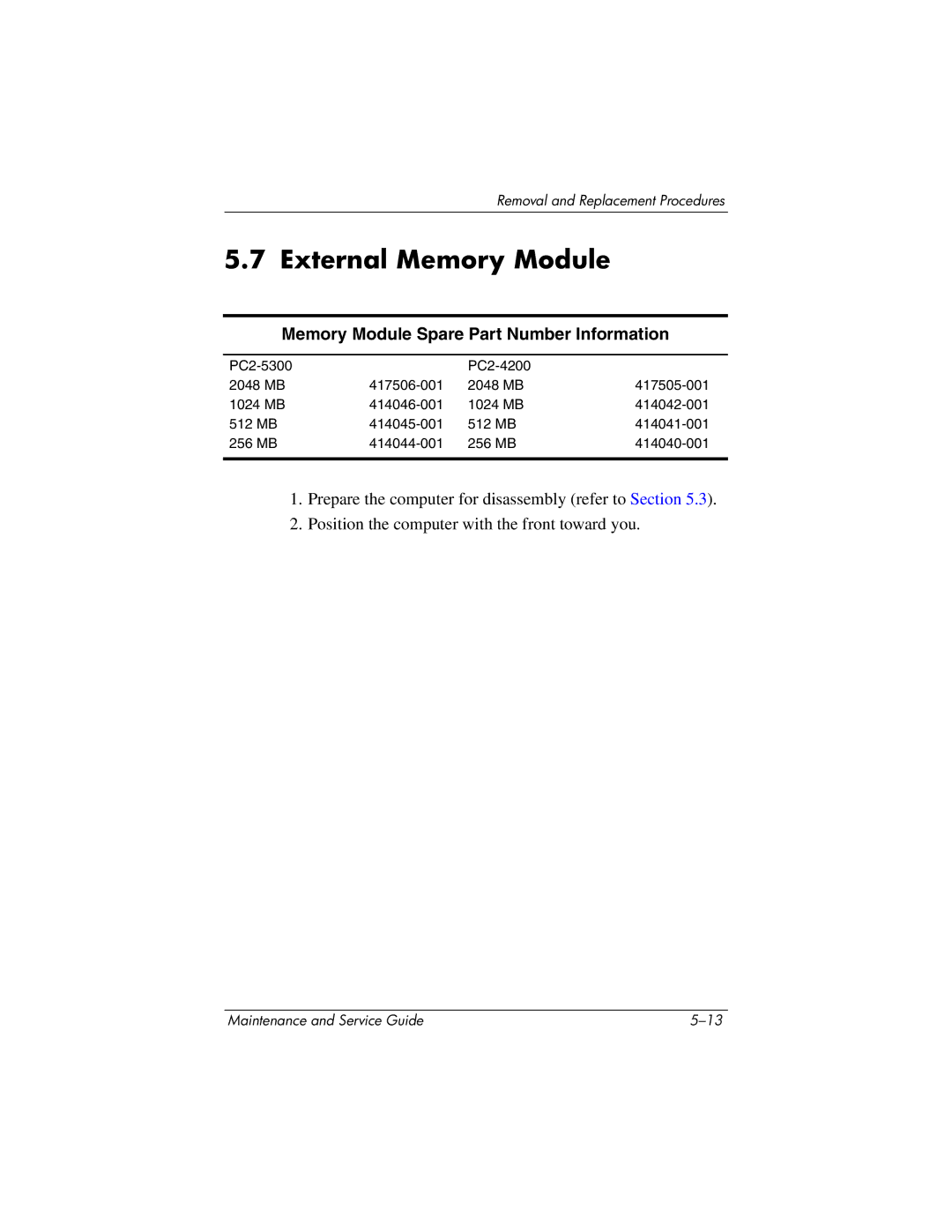 HP nw8440, nx8420 manual External Memory Module, Memory Module Spare Part Number Information 