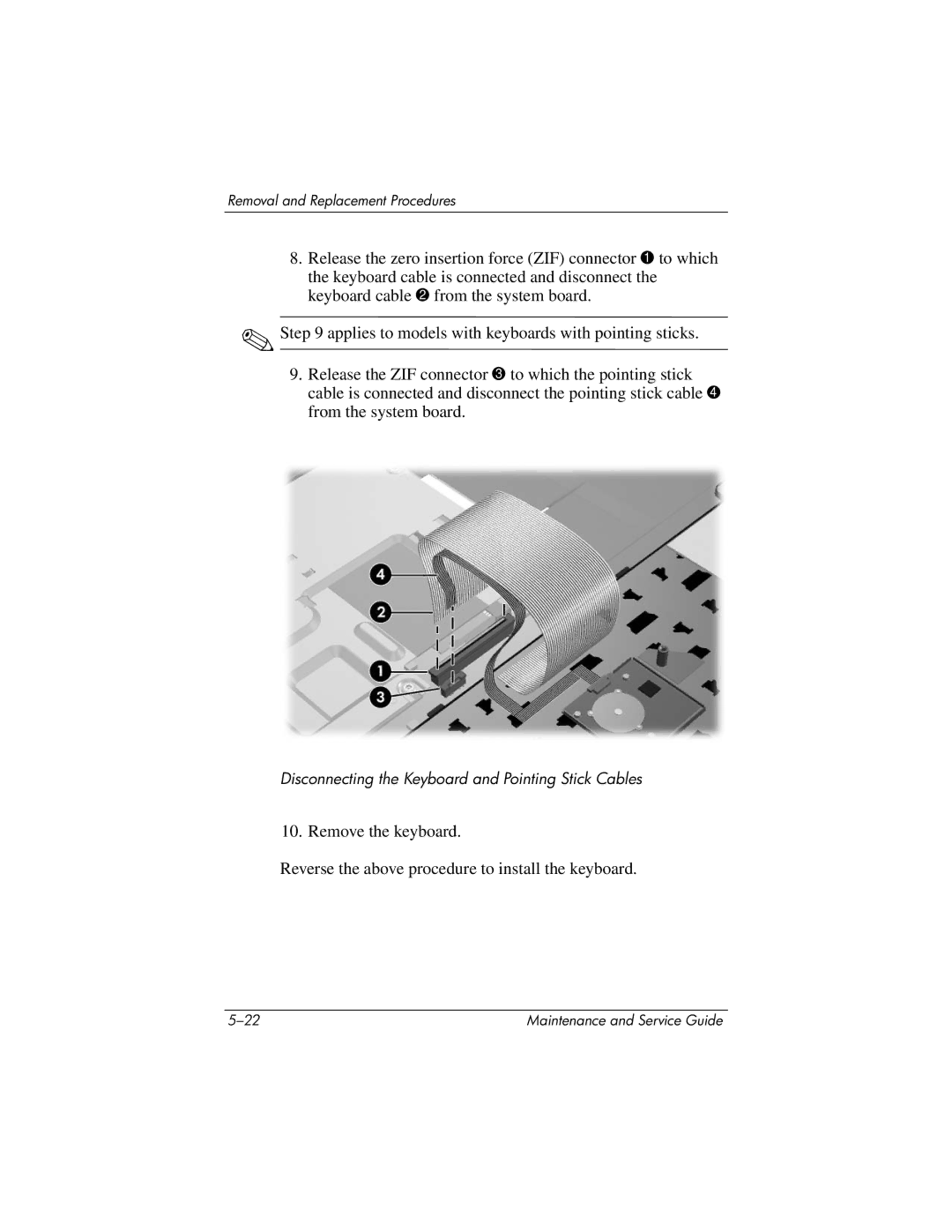 HP nx8420, nw8440 manual Disconnecting the Keyboard and Pointing Stick Cables 