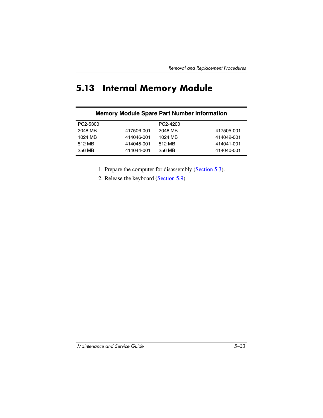 HP nw8440, nx8420 manual Internal Memory Module, Memory Module Spare Part Number Information 