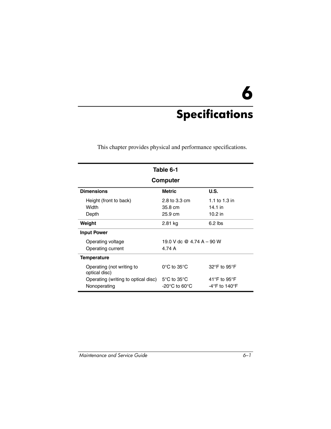 HP nw8440, nx8420 manual Computer, Dimensions Metric, Weight, Input Power, Temperature 