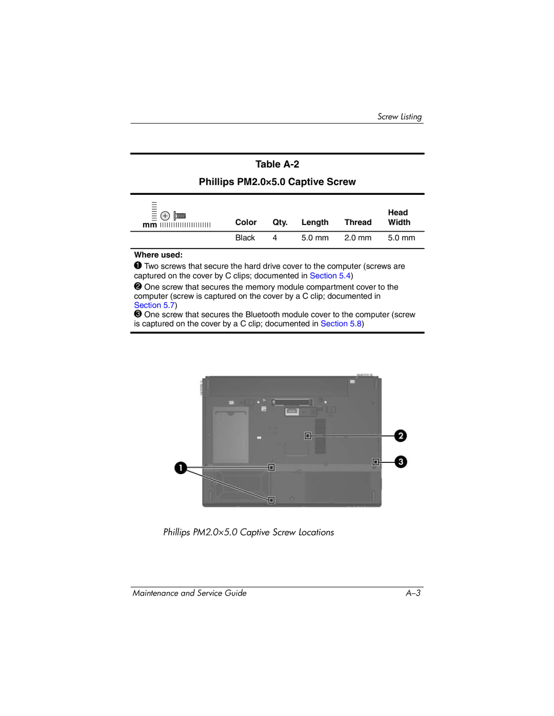 HP nw8440, nx8420 manual Table A-2 Phillips PM2.0×5.0 Captive Screw, Head Color Qty. Length Thread Width 