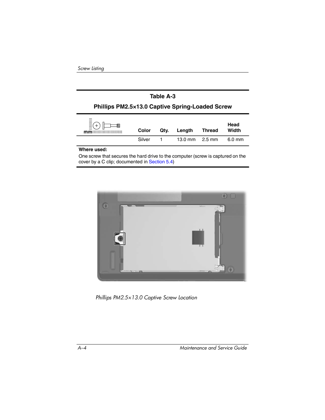 HP nx8420, nw8440 manual Table A-3 Phillips PM2.5×13.0 Captive Spring-Loaded Screw 