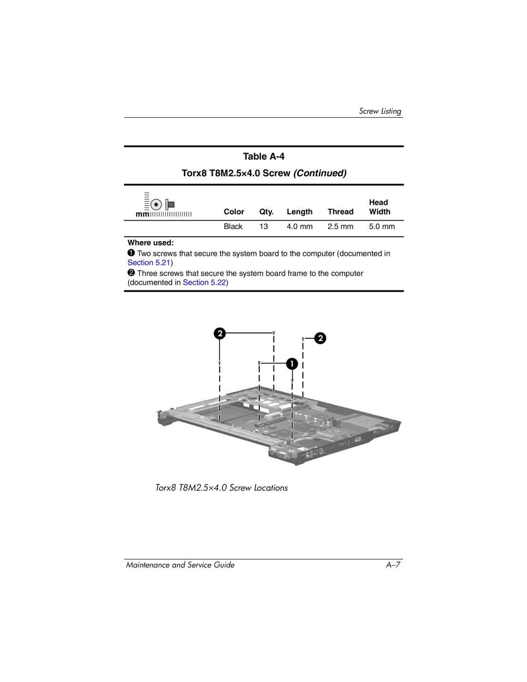 HP nw8440, nx8420 manual Table A-4 Torx8 T8M2.5×4.0 Screw 