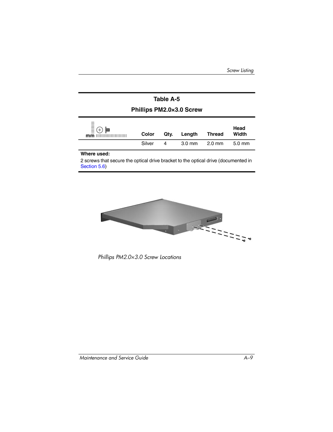 HP nw8440, nx8420 manual Table A-5 Phillips PM2.0×3.0 Screw, Color Qty Length Thread Width Silver Where used 