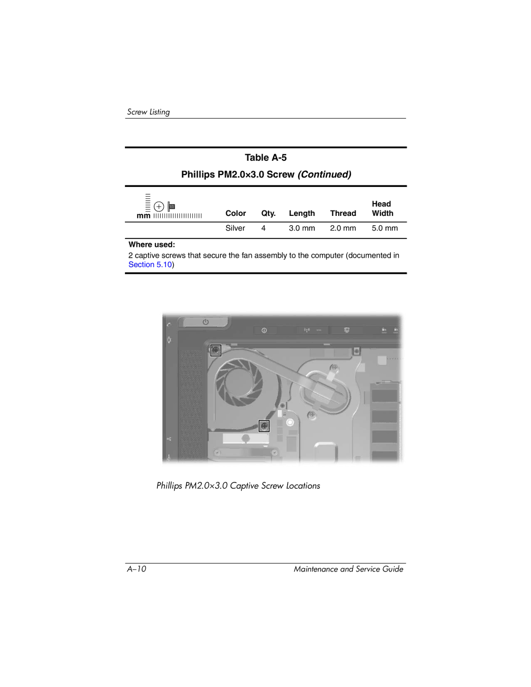 HP nx8420, nw8440 manual Phillips PM2.0×3.0 Captive Screw Locations 