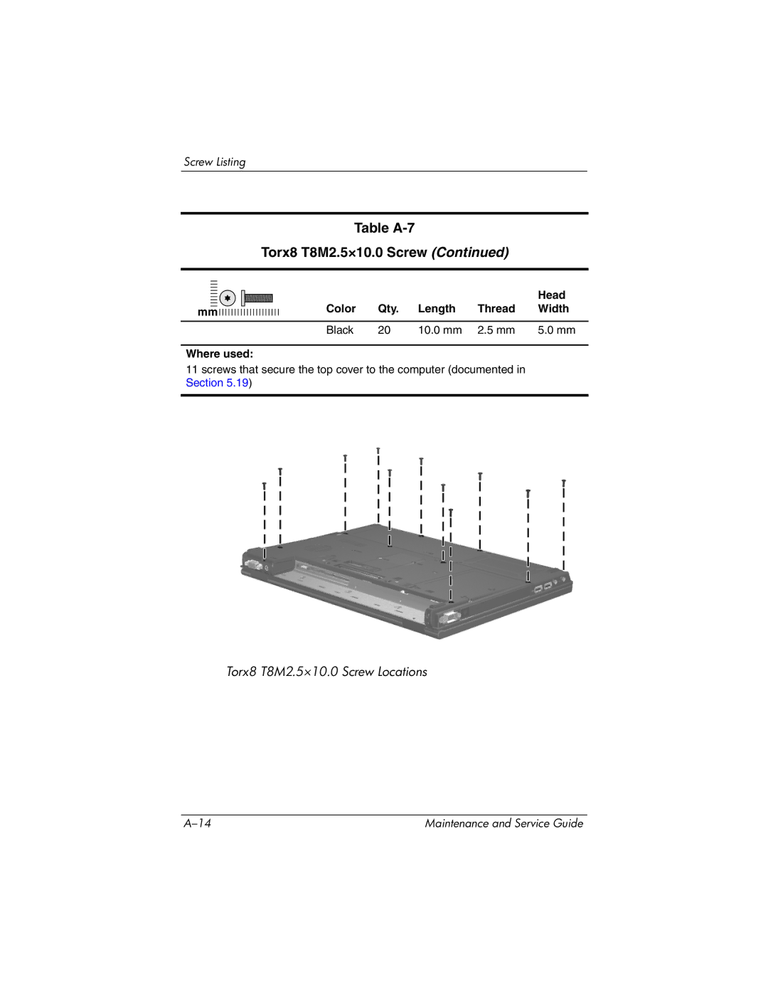 HP nx8420, nw8440 manual Table A-7 Torx8 T8M2.5×10.0 Screw 