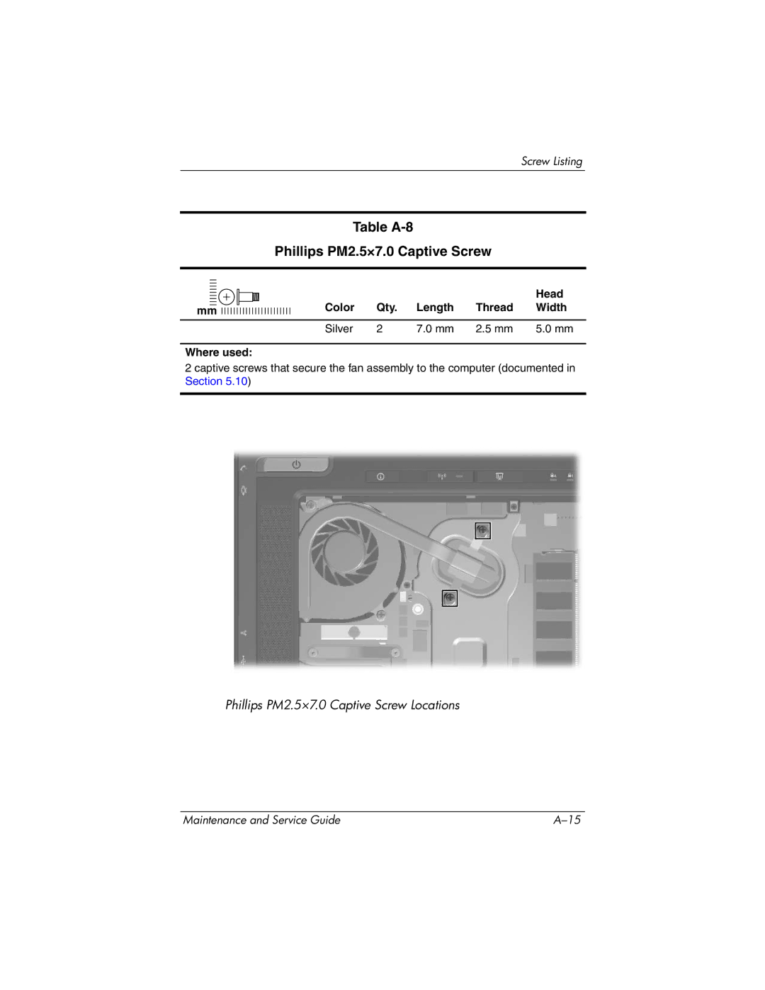 HP nw8440, nx8420 manual Table A-8 Phillips PM2.5×7.0 Captive Screw, Head Color Qty. Length Thread Width 