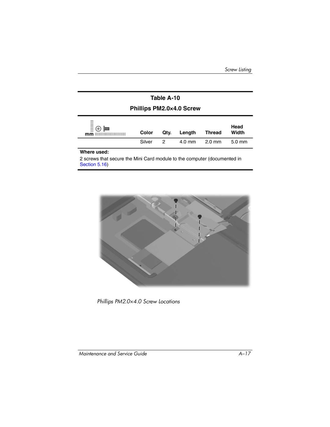 HP nw8440, nx8420 manual Table A-10 Phillips PM2.0×4.0 Screw, Head 