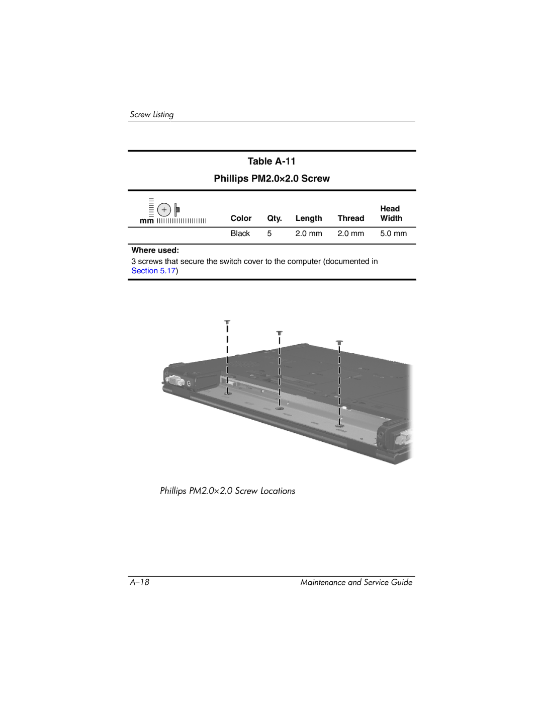 HP nx8420, nw8440 manual Table A-11 Phillips PM2.0×2.0 Screw, Color Qty Length Thread Width Black Where used 