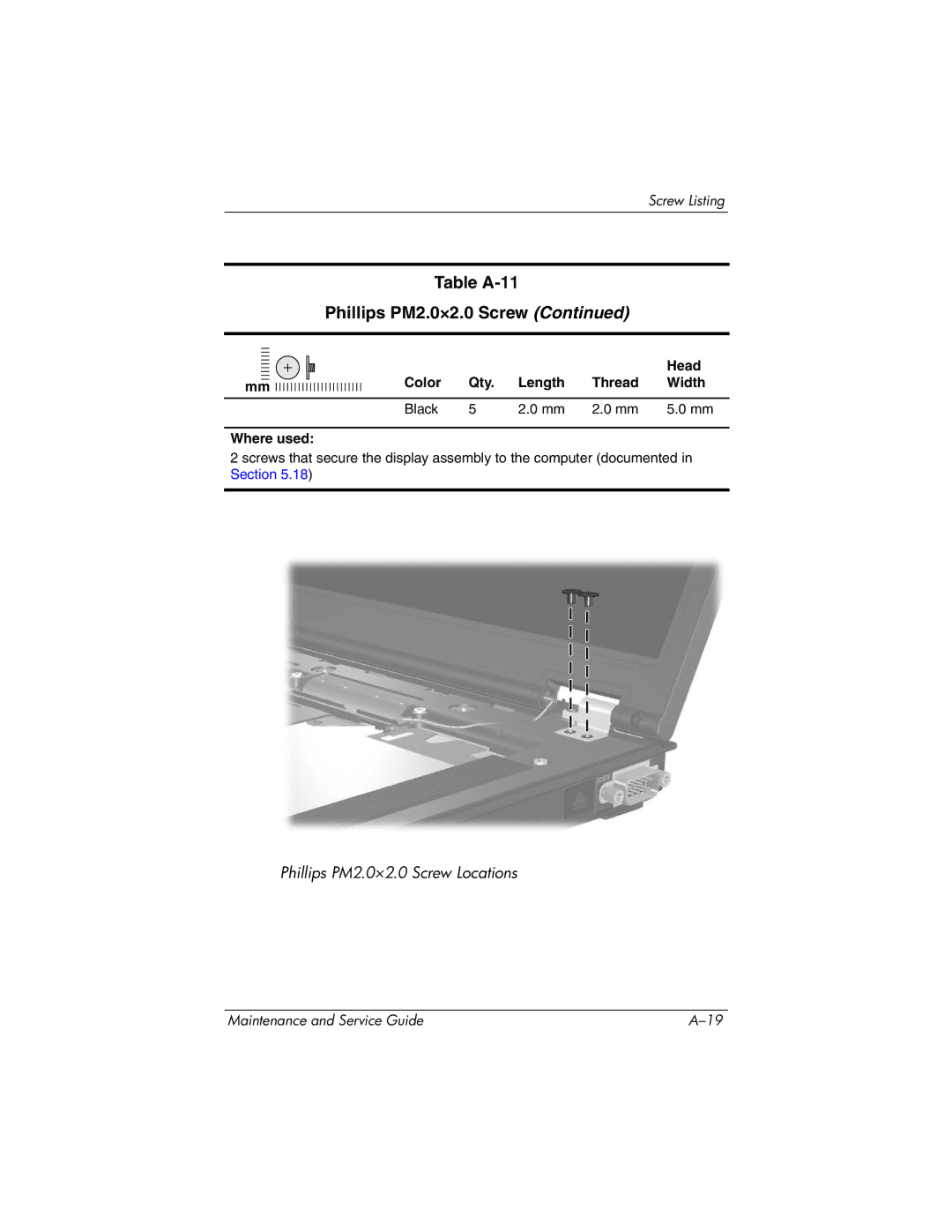 HP nw8440, nx8420 manual Table A-11 Phillips PM2.0×2.0 Screw 