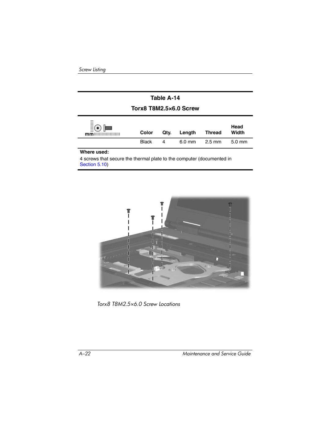 HP nx8420, nw8440 manual Table A-14 Torx8 T8M2.5×6.0 Screw 