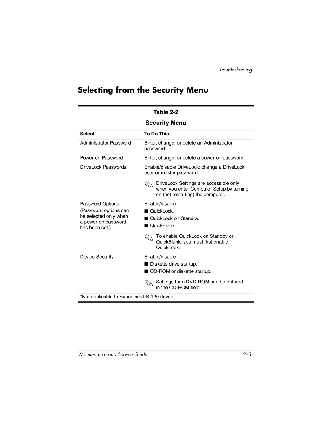 HP nw8440, nx8420 manual Selecting from the Security Menu 