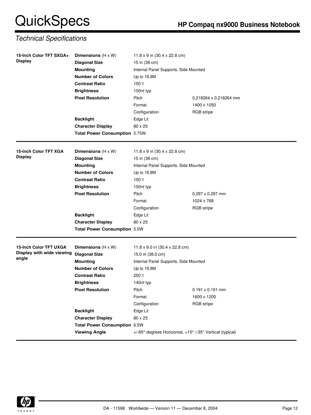 HP nx9000 manual Inch Color TFT SXGA+ Dimensions H x W, Total Power Consumption Viewing Angle 