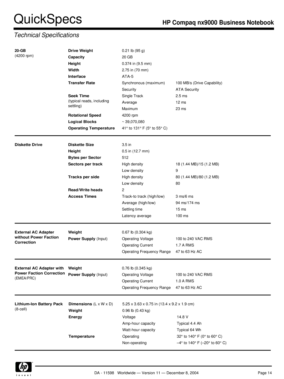 HP nx9000 manual GB Drive Weight, Diskette Drive Diskette Size Height, Bytes per Sector, Sectors per track, Tracks per side 