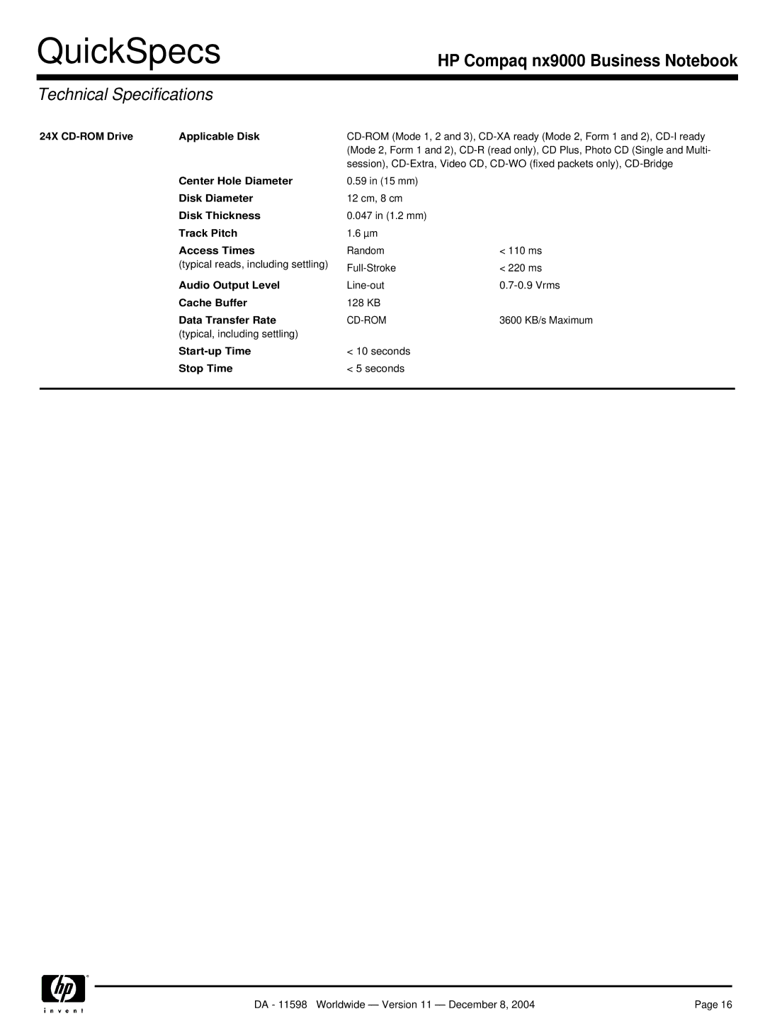 HP nx9000 manual 24X CD-ROM Drive Applicable Disk, Disk Thickness, Track Pitch Access Times 