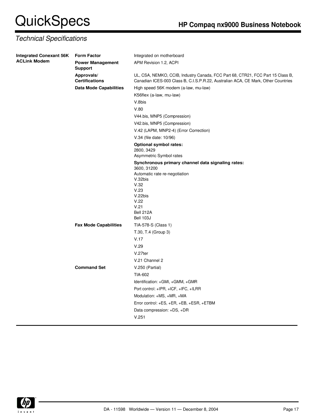 HP nx9000 manual Integrated Conexant 56K Form Factor, ACLink Modem Power Management, Support Approvals, Certifications 